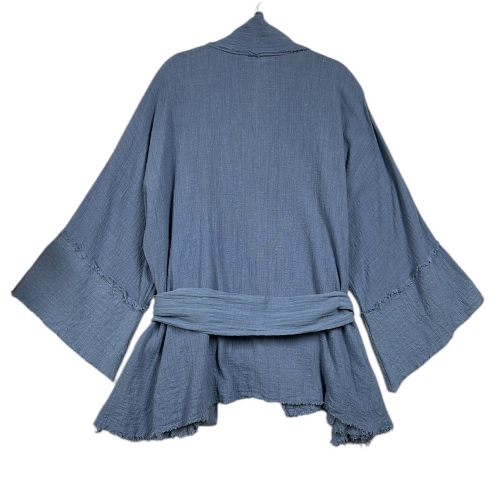 Umgee Gauze Kimono Embroidered Sleeve Belted Cardigan Sz M/L Blue - Picture 5 of 9